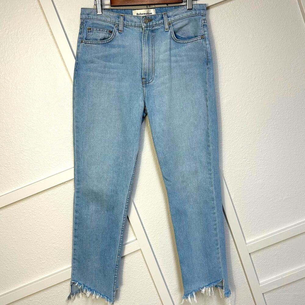 Reformation High Rise Tapered Straight Leg Asymmetrical Raw Hem Jeans Sz: 29